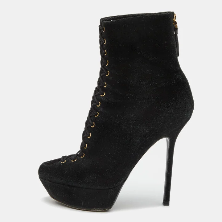 Sergio Rossi Black Suede Lace Up Platform Ankle Boots Size 39