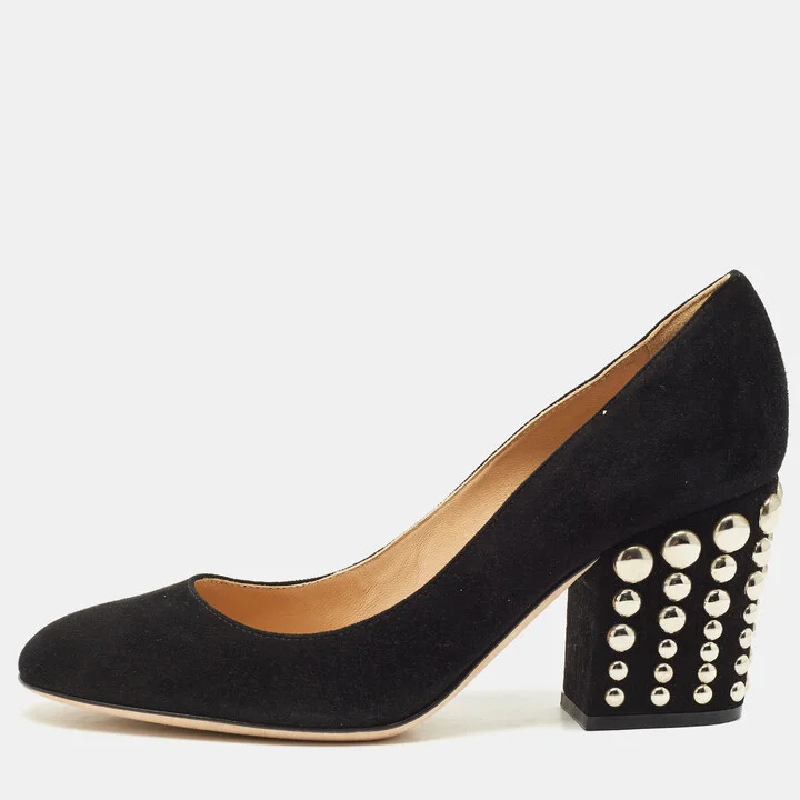 Sergio Rossi Black Suede Studded Block Heel Pumps Size 36