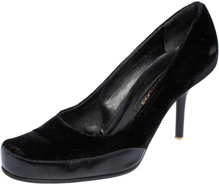 Sergio Rossi Black Velvet and Leather Square Toe Pumps Size 38.5