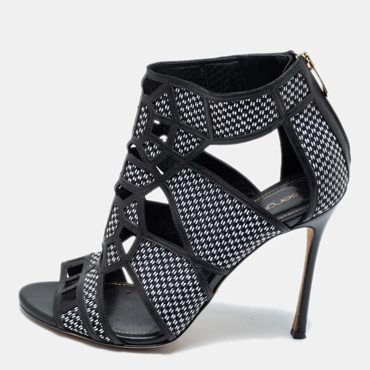 Sergio Rossi Black/White Woven Straw And Leather Cutout Ankle Boots Size 36