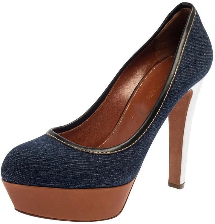 Sergio Rossi Blue Denim And Leather Platform Pumps Size 38.5