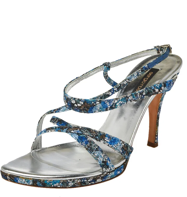 Sergio Rossi Blue Glittered Fabric Strappy Sandals Size 40