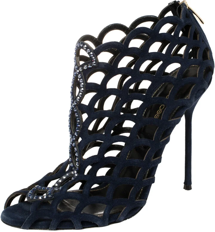 Sergio Rossi Blue Suede Crystal Embellished Scalloped Peep Toe Caged Booties Size 39