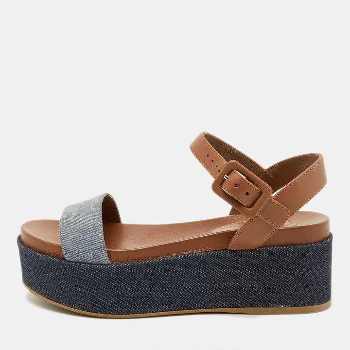 Sergio Rossi Brown/Blue Denim and Leather Platform Ankle Strap Sandals Size 35