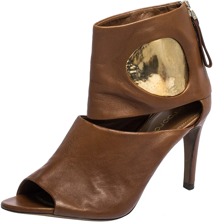 Sergio Rossi Brown/Gold Leather Cut Out Booties Size 36