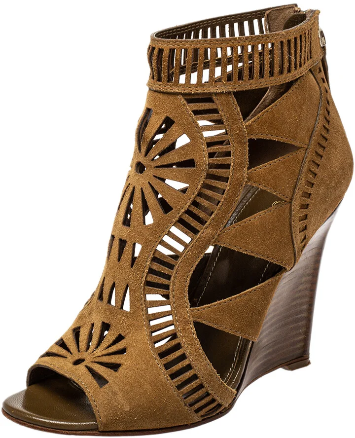 Sergio Rossi Brown Laser Cut Suede Open Toe Booties Size 36