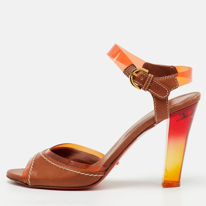 Sergio Rossi Brown Leather and PVC Ankle Strap Sandals Size 39.5