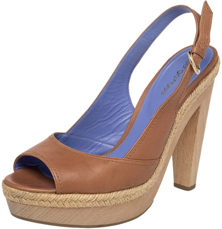 Sergio Rossi Brown Leather Platform Espadrille Slingback Sandals Size 39.5