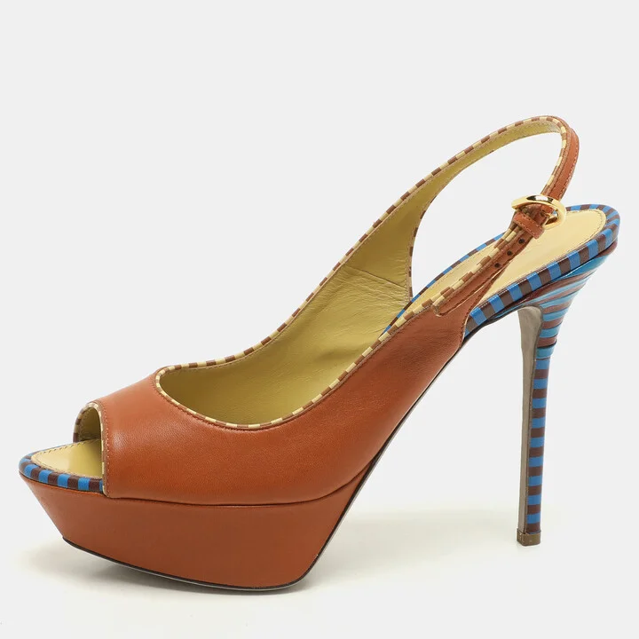 Sergio Rossi Brown Leather Platform Slingback Pumps Size 40