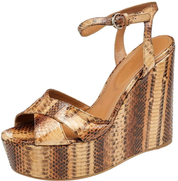 Sergio Rossi Brown Snakeskin Platform Wedge Sandals Size 39