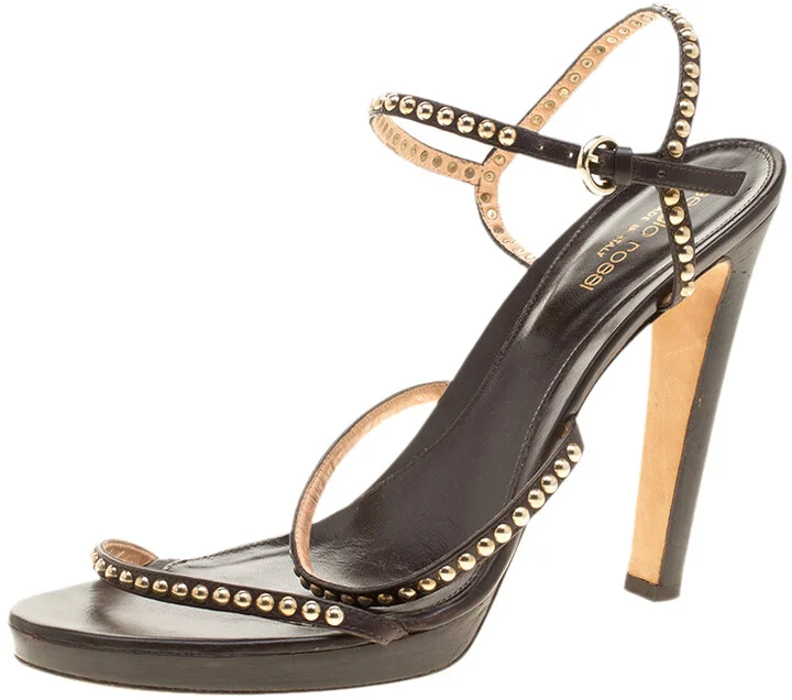 Sergio Rossi Brown Studded Strappy Leather Open Toe Platform Sandals Size 40.5