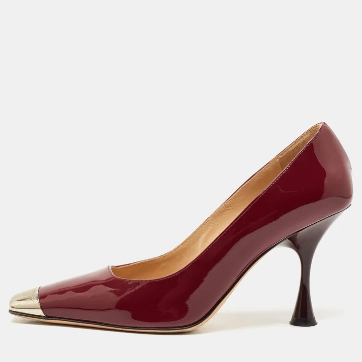 Sergio Rossi Burgundy Patent Leather Metal Detail Square Toe Pumps Size 37