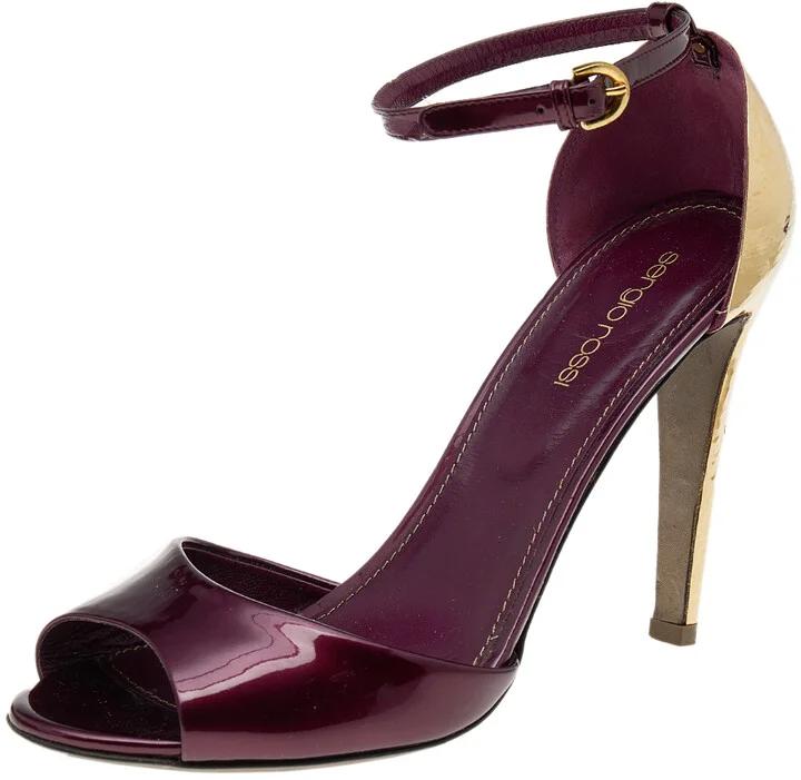 Sergio Rossi Burgundy Patent Leather Metal Heel Ankle Strap Sandals Size 39
