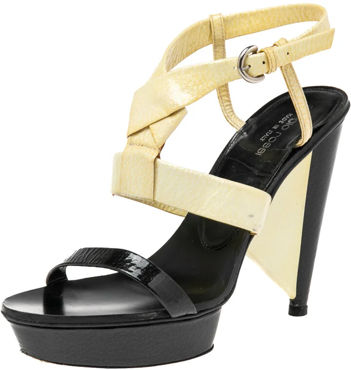 Sergio Rossi Cream/Black Patent Leather Platform Ankle Strap Sandals Size 39