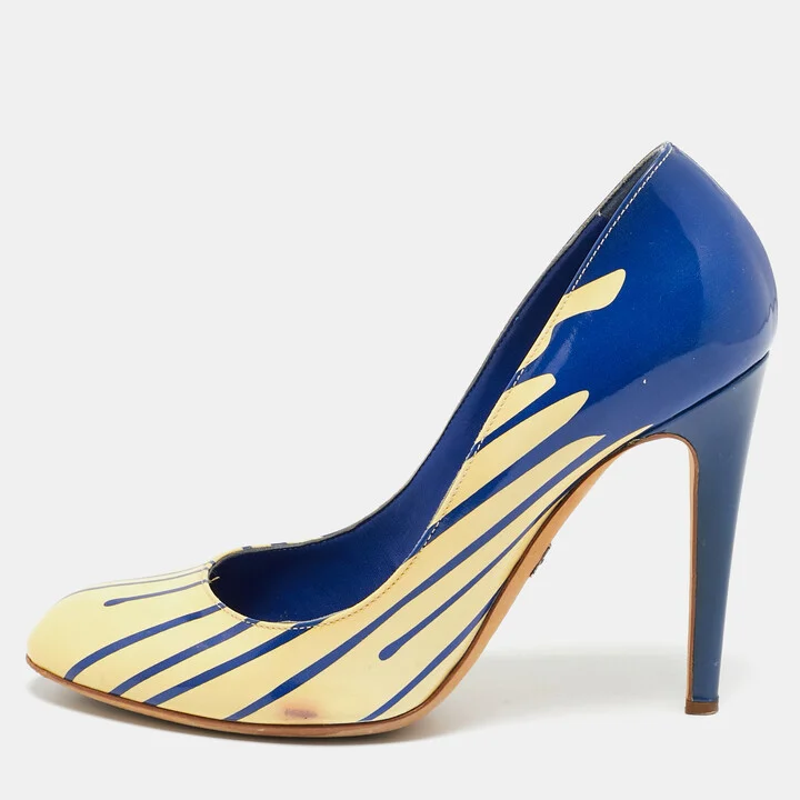 Sergio Rossi Cream/Blue Patent Leather Round Toe Pumps Size 38