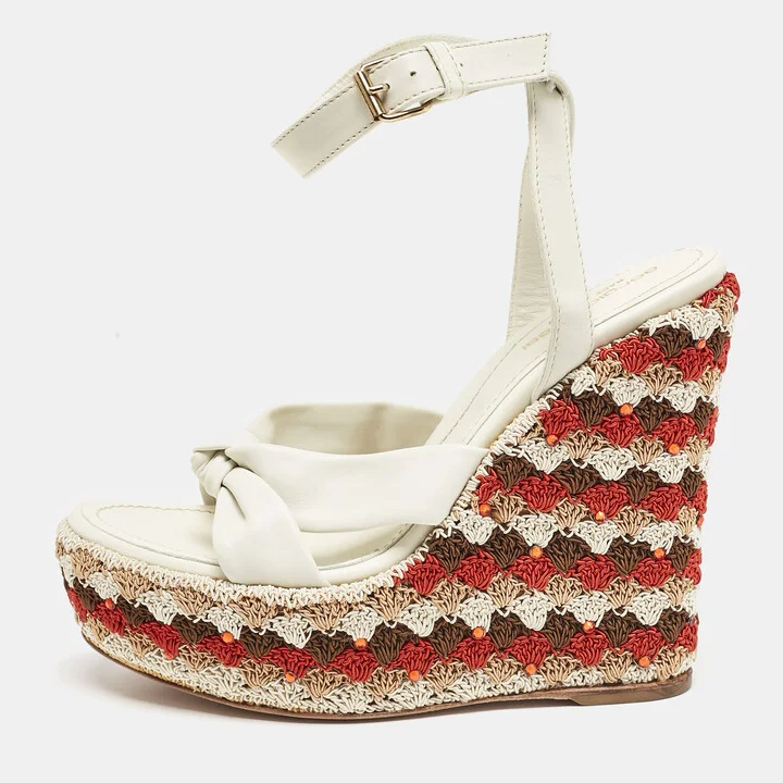 Sergio Rossi Cream Leather And Fabric Platform Wedge Knotted Ankle Strap Sandals Size 36