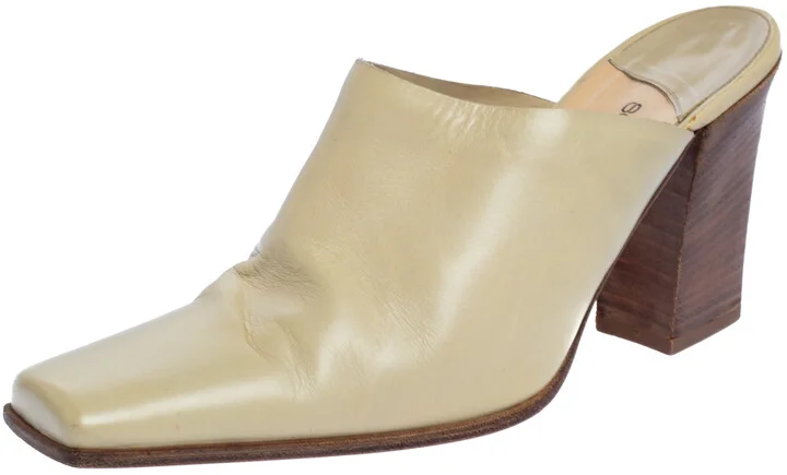 Sergio Rossi Cream Leather Block Heel Square Toe Mules Size 39
