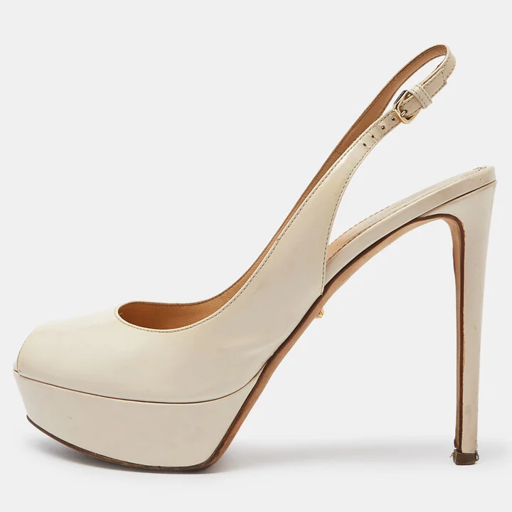 Sergio Rossi Cream Patent Leather Slingback Platform Pumps Size 39.5