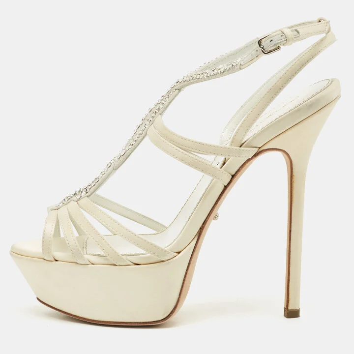 Sergio Rossi Cream Satin Crystal Embellished Platform Sandals Size 35.5