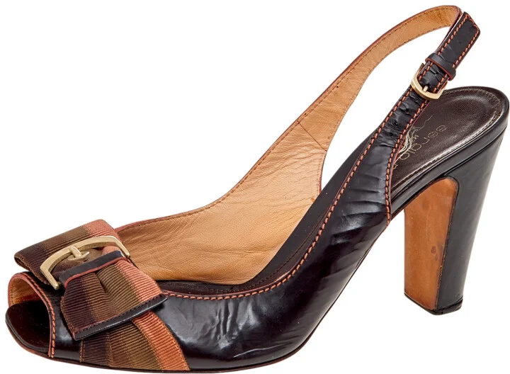 Sergio Rossi Dark Brown Leather And Fabric Peep Toe Sandals Size 38