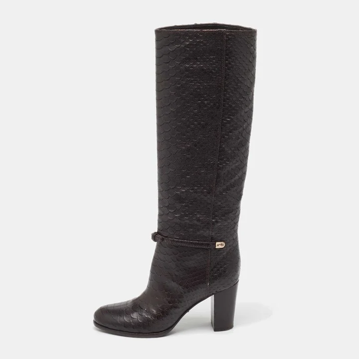 Sergio Rossi Dark Brown Python Embossed Leather Knee Length Boots Size 35.5