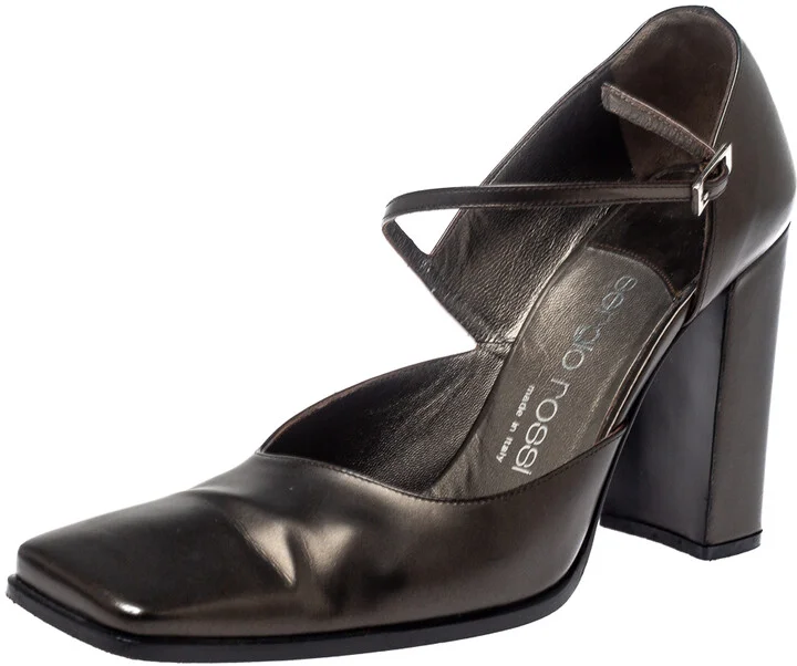 Sergio Rossi Dark Grey Leather Ankle Strap Square Toe Pumps Size 37.5