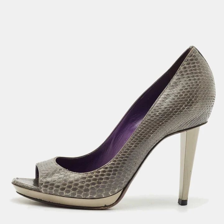 Sergio Rossi Dark Grey Snakeskin Leather Open Toe Pumps Size 37