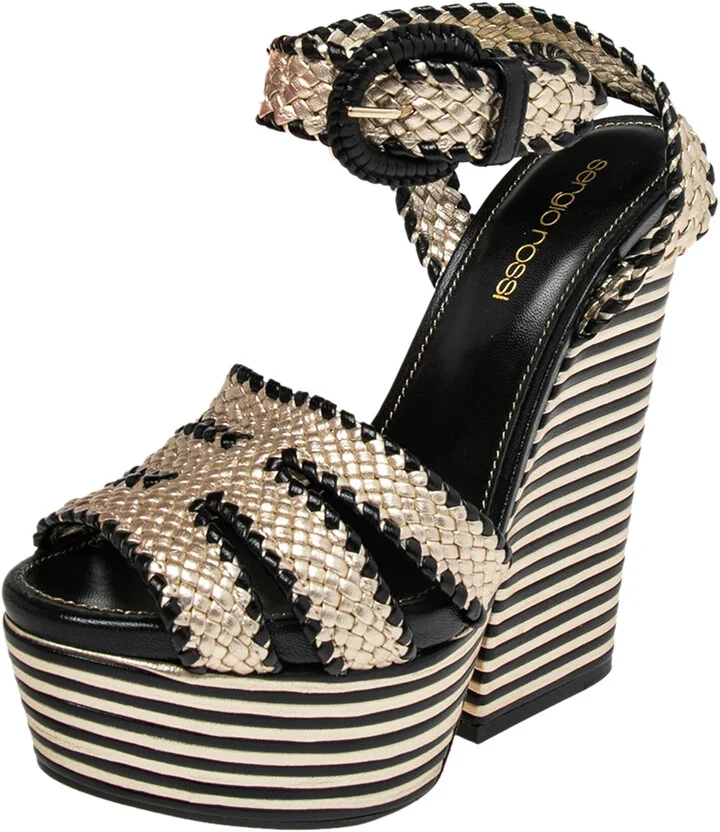 Sergio Rossi Gold/Black Leather Braided Ankle Strap Wedges Sandal Size 35