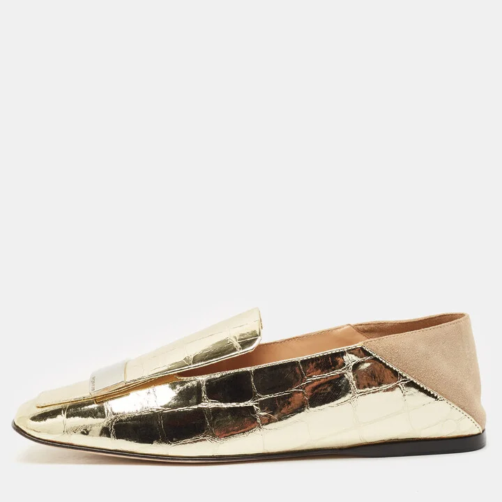 Sergio Rossi Gold Croc Embossed Leather SR1 Loafers Size 36.5