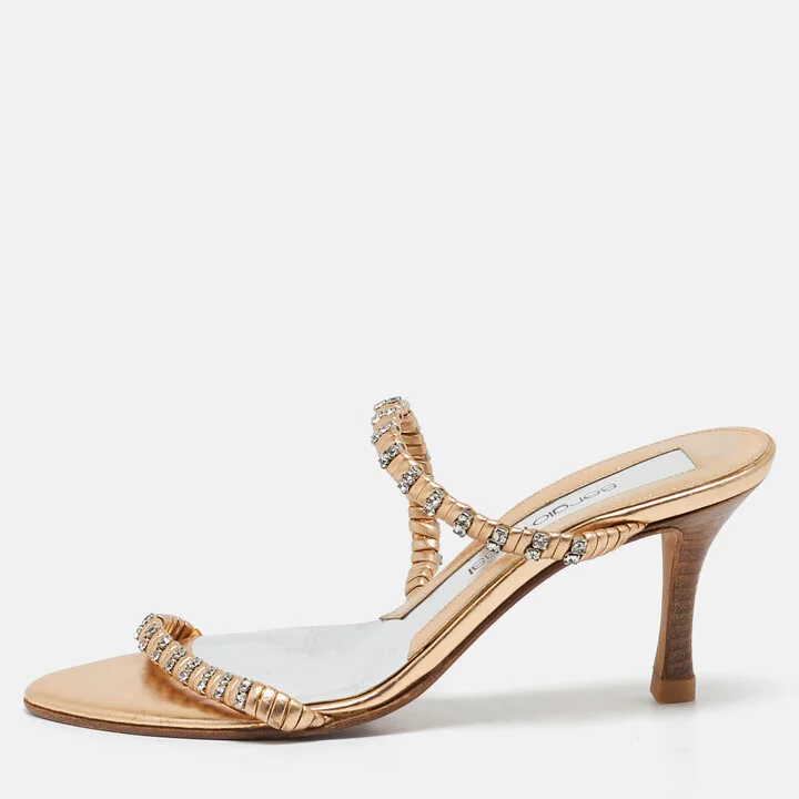 Sergio Rossi Gold Leather Crystal Embellished Slide Sandals Size 35