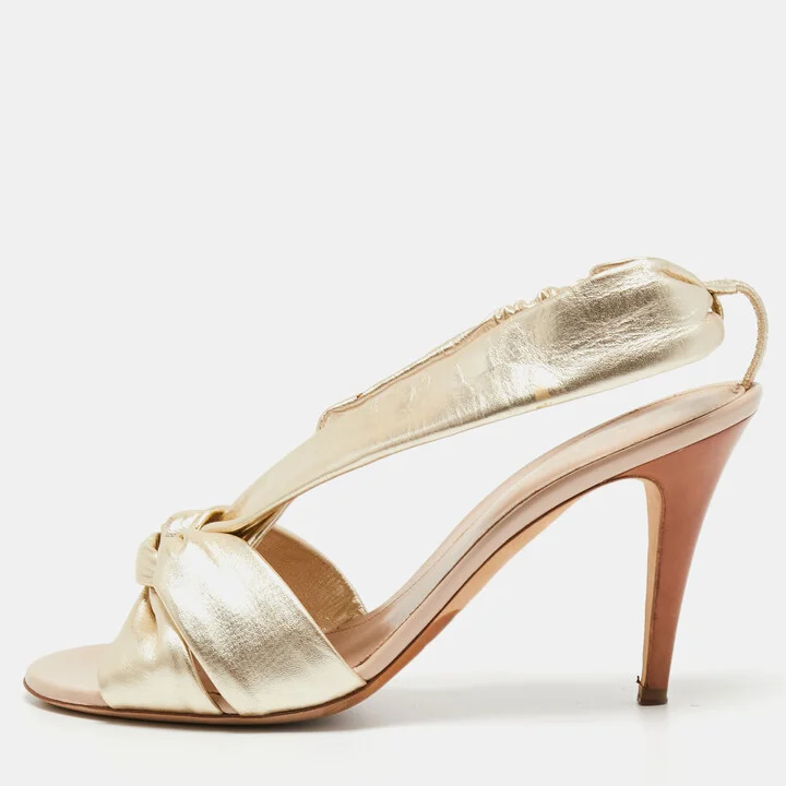 Sergio Rossi Gold Leather Knot Detail Open Toe Sandals Size 40