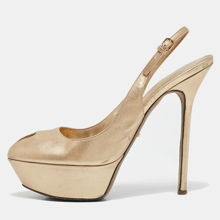 Sergio Rossi Gold Leather Peep Toe Platform Slingback Sandals Size 38