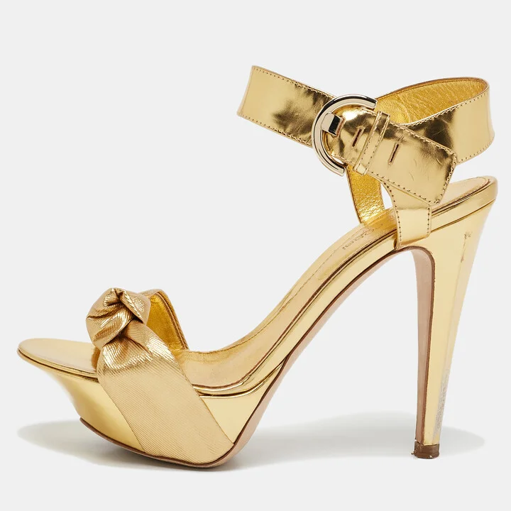 Sergio Rossi Gold Leather Platform Ankle Strap Sandals Size 36.5
