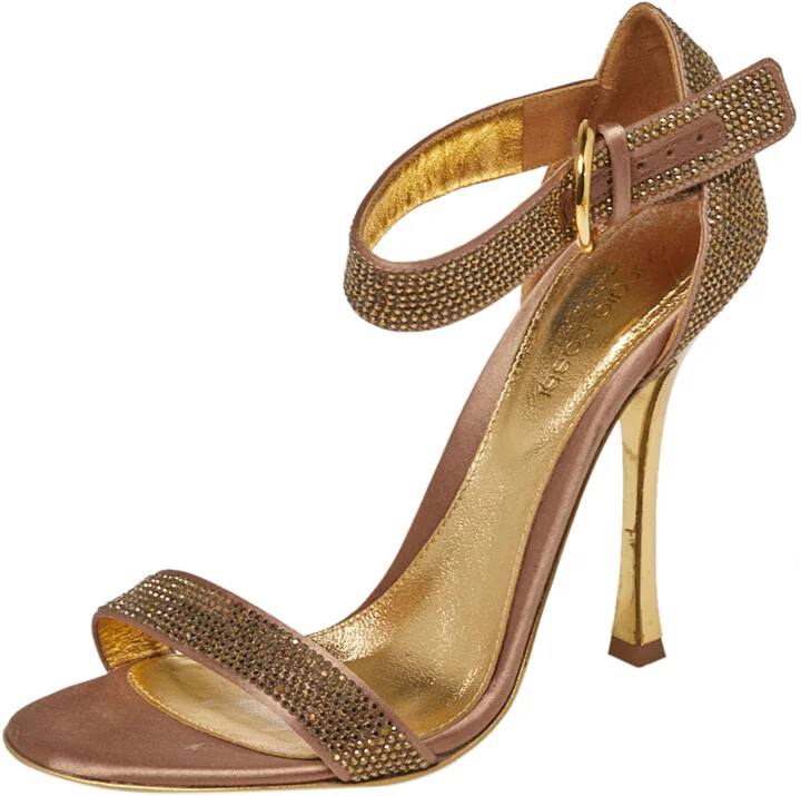 Sergio Rossi Gold Satin And Crystal Embellished Studded Ankle Strap Sandals Size 37