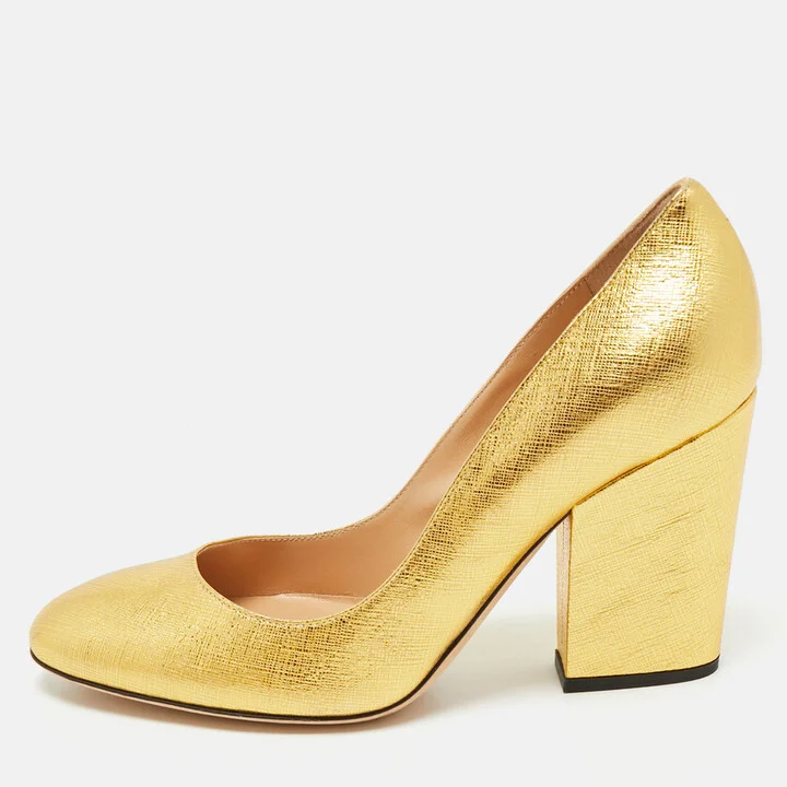 Sergio Rossi Gold Textured Leather Round Toe Pumps Size 36.5