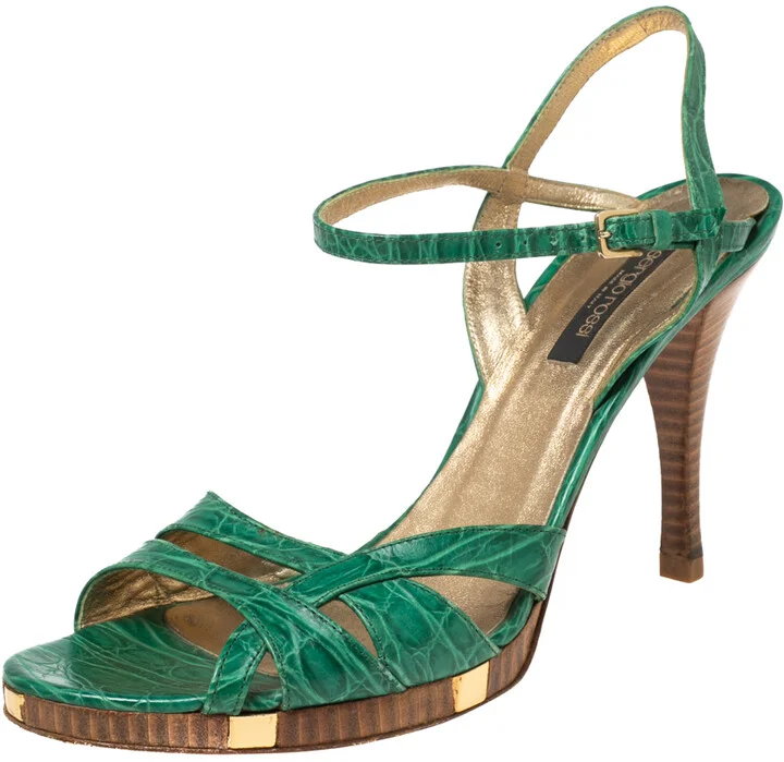 Sergio Rossi Green Croc Embossed Leather Ankle-Strap Sandals Size 41