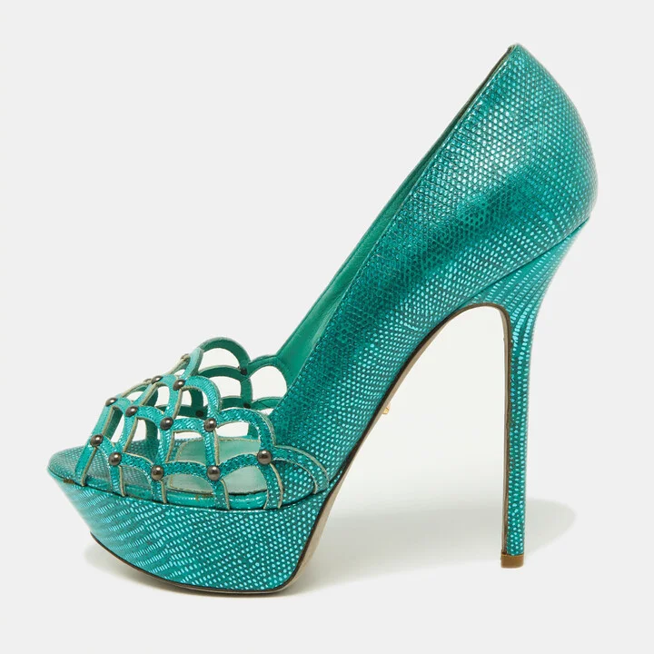 Sergio Rossi Green Laser Cut Lizard Embossed Leather Platform Pumps Size 38