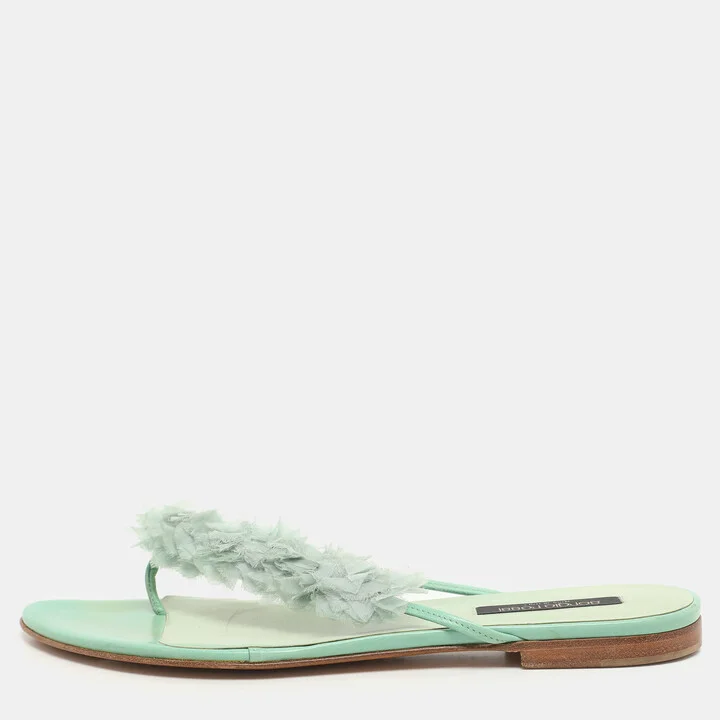 Sergio Rossi Green Leather and Polyester Thong Flats Size 39