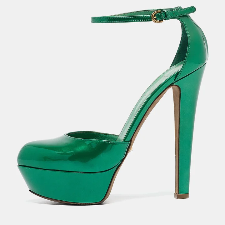 Sergio Rossi Green Patent Leather Ankle Strap Platform Pumps Size 36.5