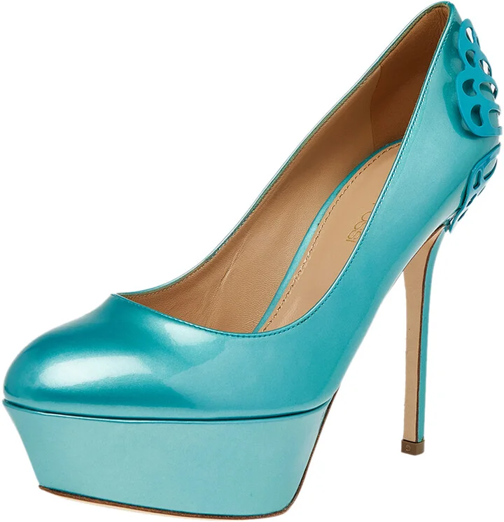 Sergio Rossi Green Patent Leather Butterfly Plaque Platform Pumps Size 36