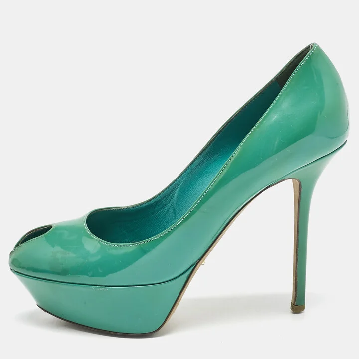 Sergio Rossi Green Patent Leather Peep Toe Platform Pumps Size 38