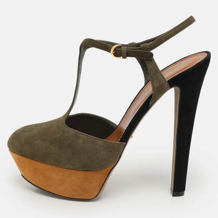 Sergio Rossi Green Suede T-Strap Platform Sandals Size 38.5