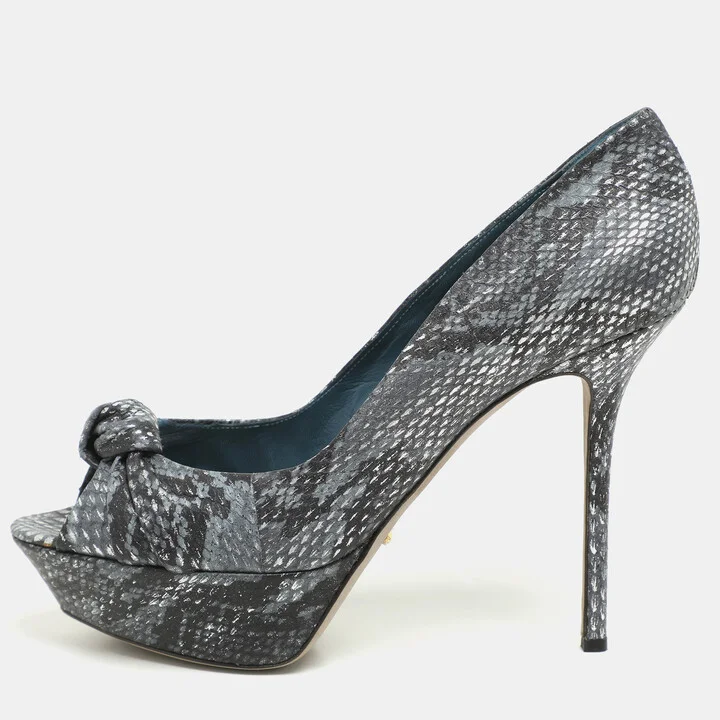 Sergio Rossi Grey/Black Python Knotted Peep Toe Platform Pumps Size 41