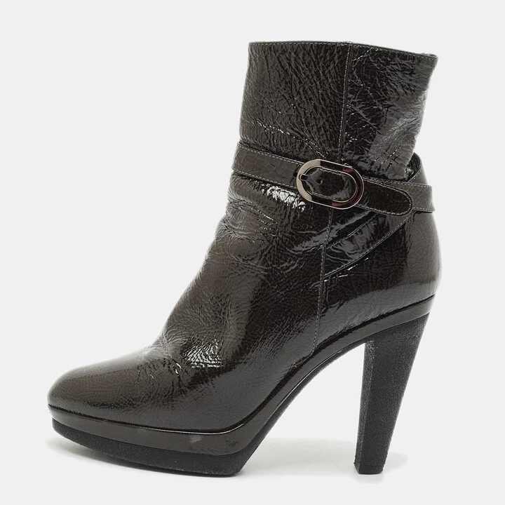 Sergio Rossi Grey Patent Leather Ankle Boots Size 36.5