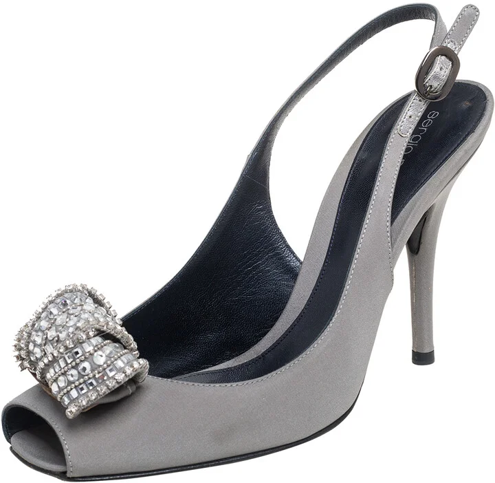 Sergio Rossi Grey Satin Crystal Embellished Knot Peep Toe Slingback Sandals Size 39.5