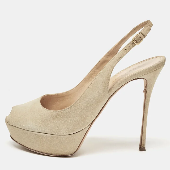 Sergio Rossi Grey Suede Peep Toe Slingback Pumps Size 37