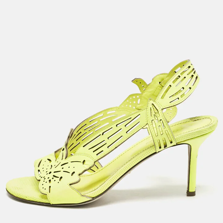 Sergio Rossi Lime Green Leather Lasercut Sandals Size 37.5