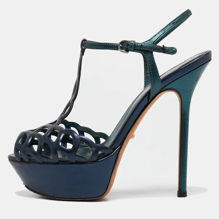 Sergio Rossi Metallic Blue/Green Cut Out Leather Platform Sandals Size 35