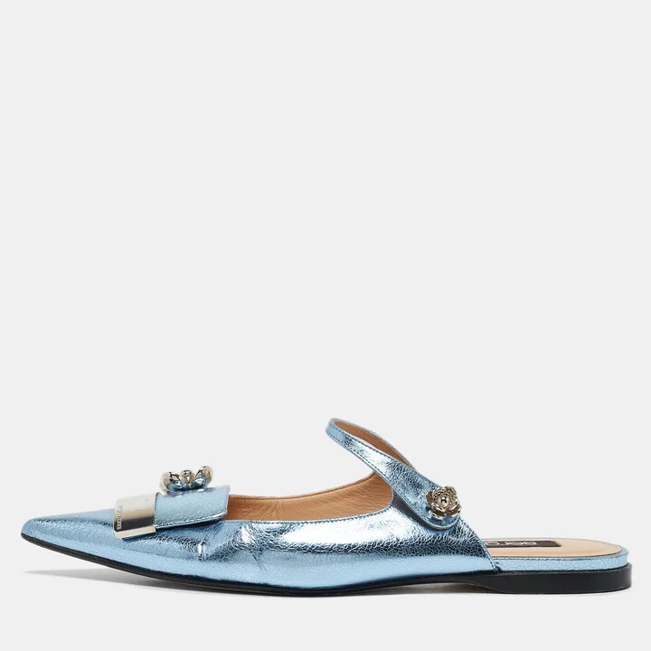 Sergio Rossi Metallic Blue Textured Leather Flower Detail Flat Mules Size 40
