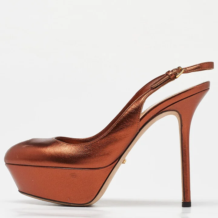 Sergio Rossi Metallic Brown Leather Cachet Peep Toe Platform Slingback Sandals Size 36.5